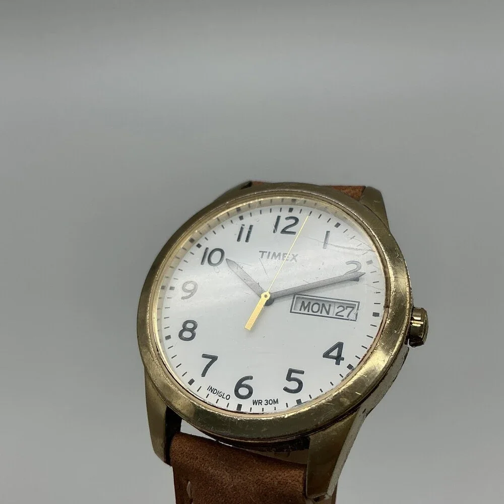 Timex Indiglo Mens Watch 36mm Gold Tone Day Date Brown Leather New Battery